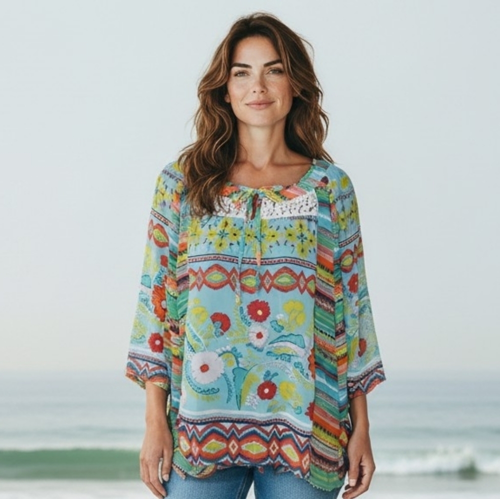 New Directions Tiffany/Sea Glass Blue And Tangerine Orange Bohemian Top